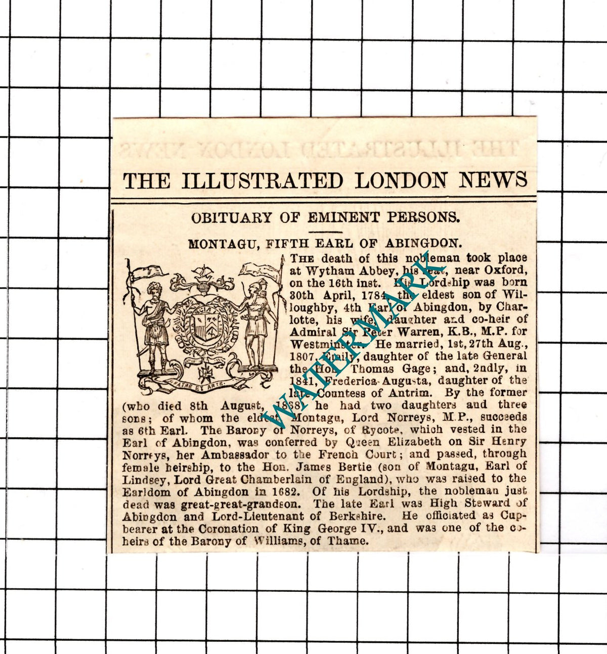 Montagu Fifth Earl Of Abingdon Obituary - 1854 SMALL Clipping / Print