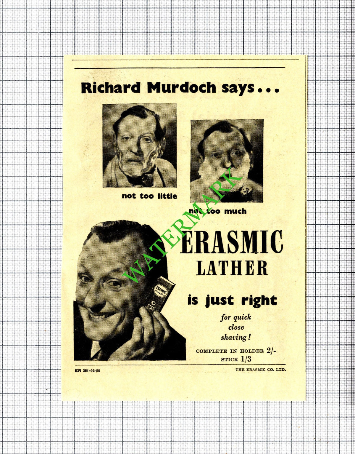 Richard Murdoch Erasmic Lather Small Advert - 1951 Cutting