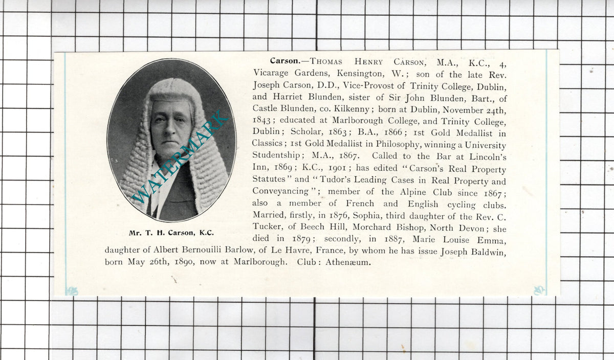 Thomas Henry Carson KC 4 Vicarage Gardens Kensington London - c.1905 Clipping