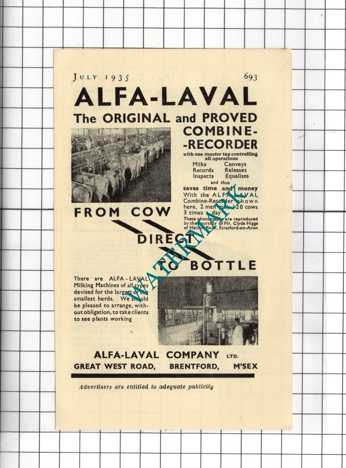 Alfa-Laval Company Ltd Brentford Middlesex - 1935 Small Advert