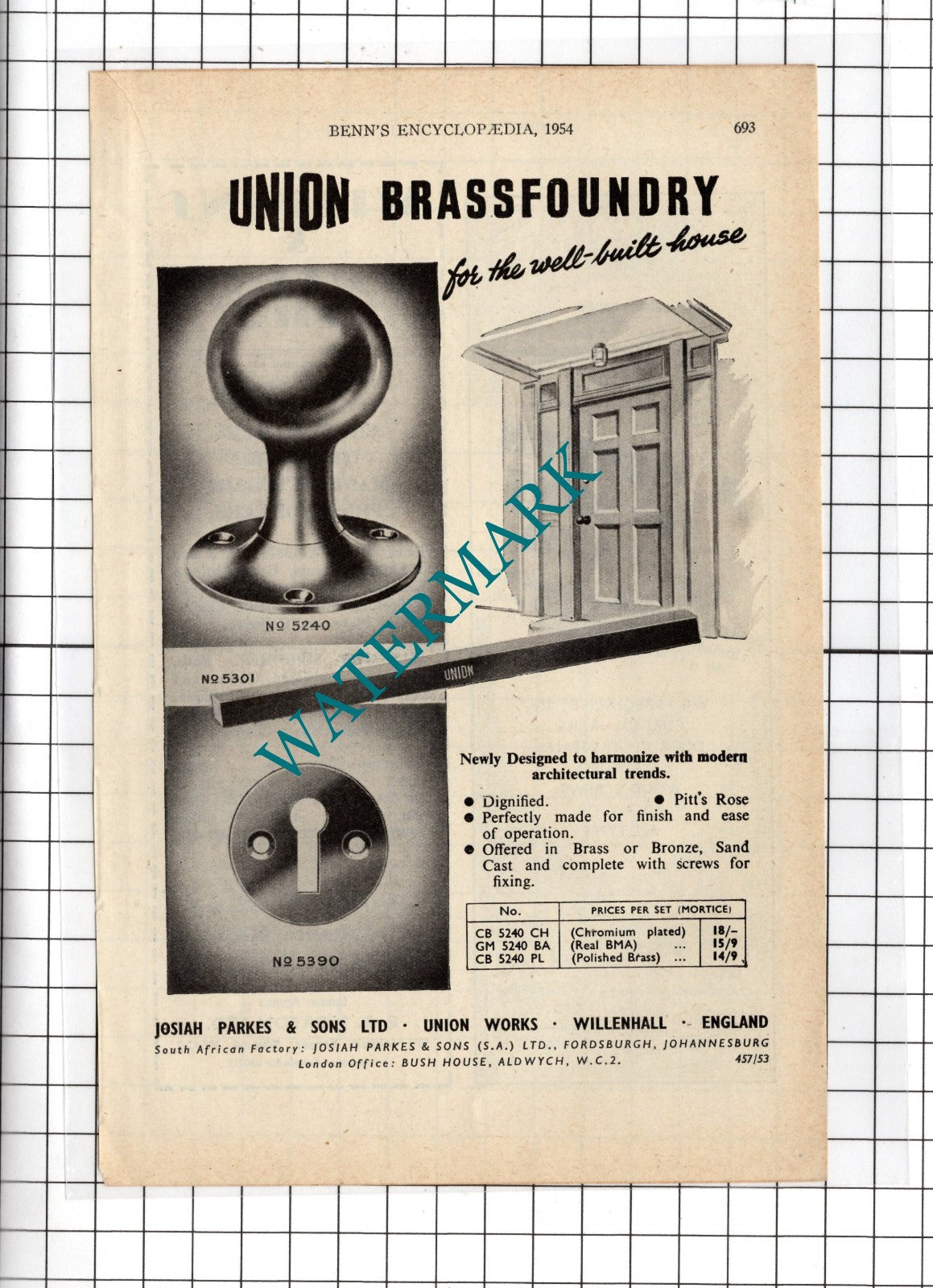 Josiah Parkes & Sons Ltd Union Works Willenhall England - 1954 Advert