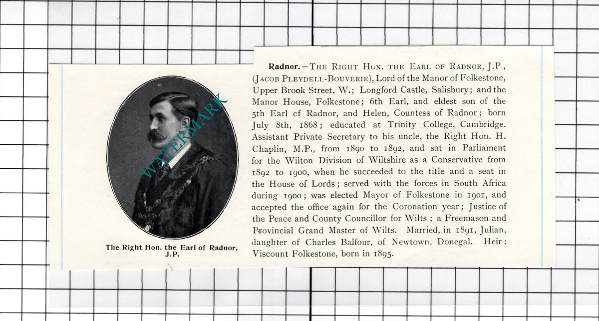 The Earl Of Radnor Jacob Pleydell-Bouverie Longford Castle - c.1910 Cutting