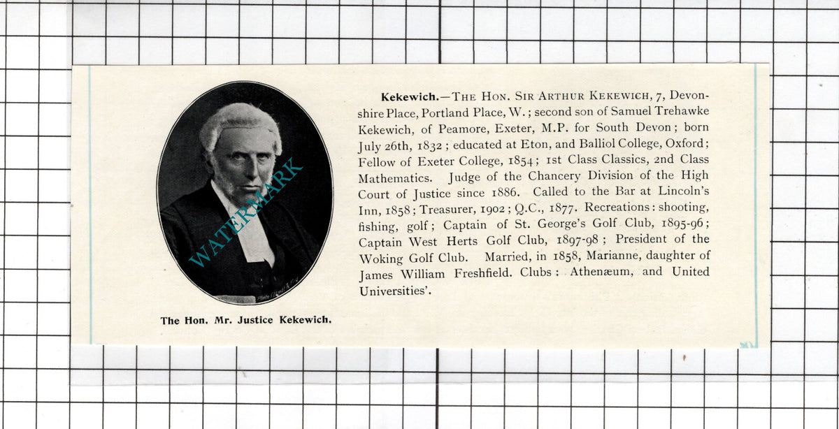 The Hon Sir Arthur Kekewich 7 Devonshire Place London - 1905 Clipping
