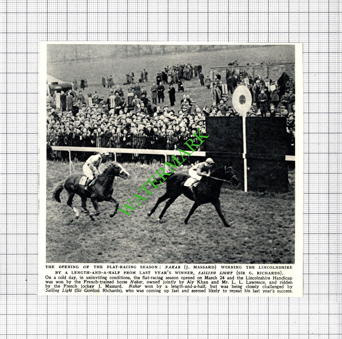 Lincolnshire Handicap Horse Race J Massard Sir G Richards Nahar - 1954 Cutting