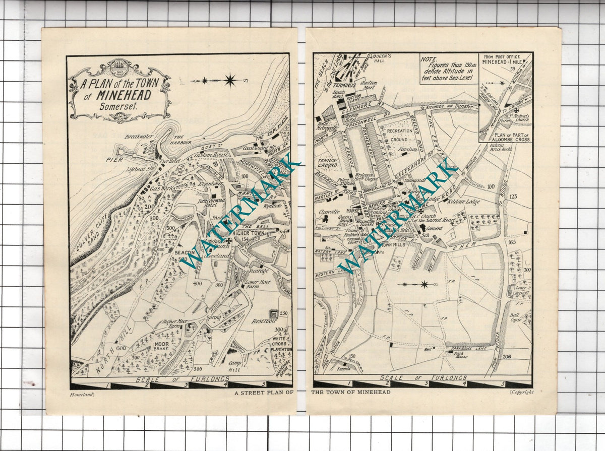 Minehead Somerset Town Map - c.1923 2-Part Small Clippings