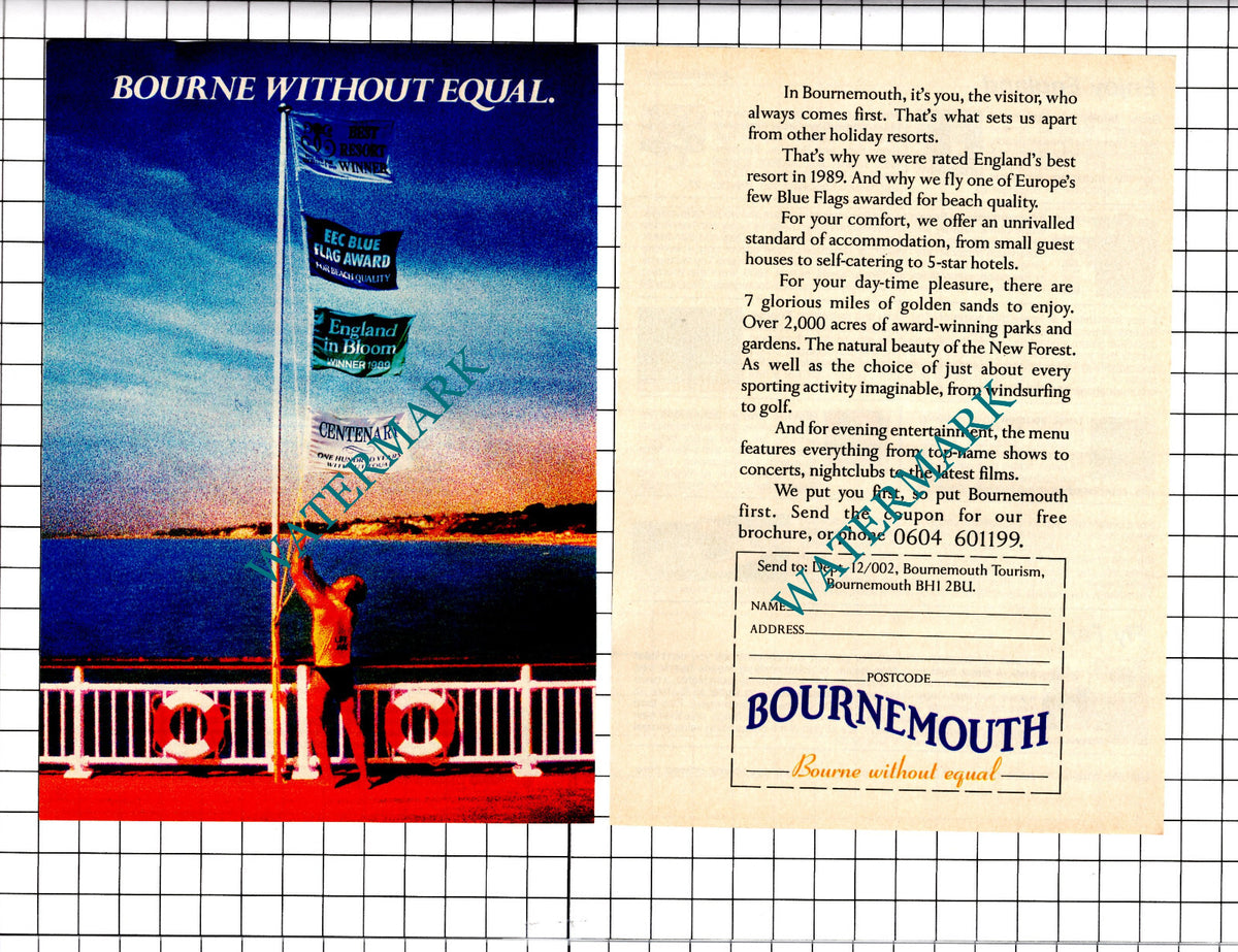 Bournemouth Tourism Advert - 1991 Two-Part Clipping / Print