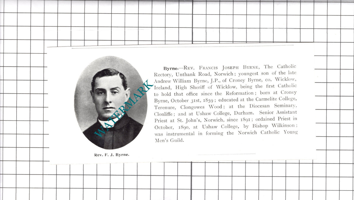 Rev Francis Joseph Byrne Norwich - 1911 Clipping / Print