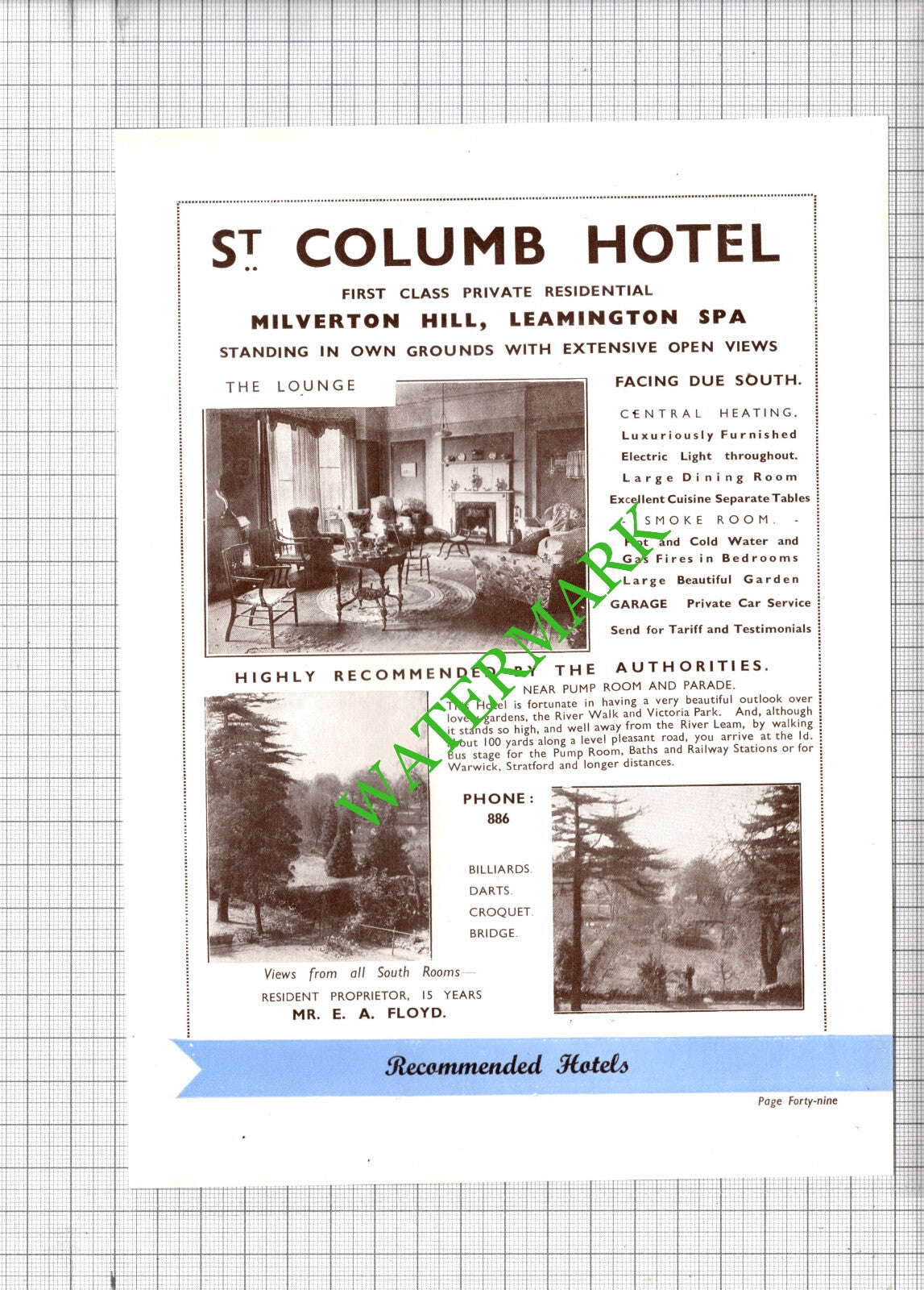 Spa Hotel Leamington Spa Hanman / St Columb Hotel Floyd Advert - 1930s Cutting