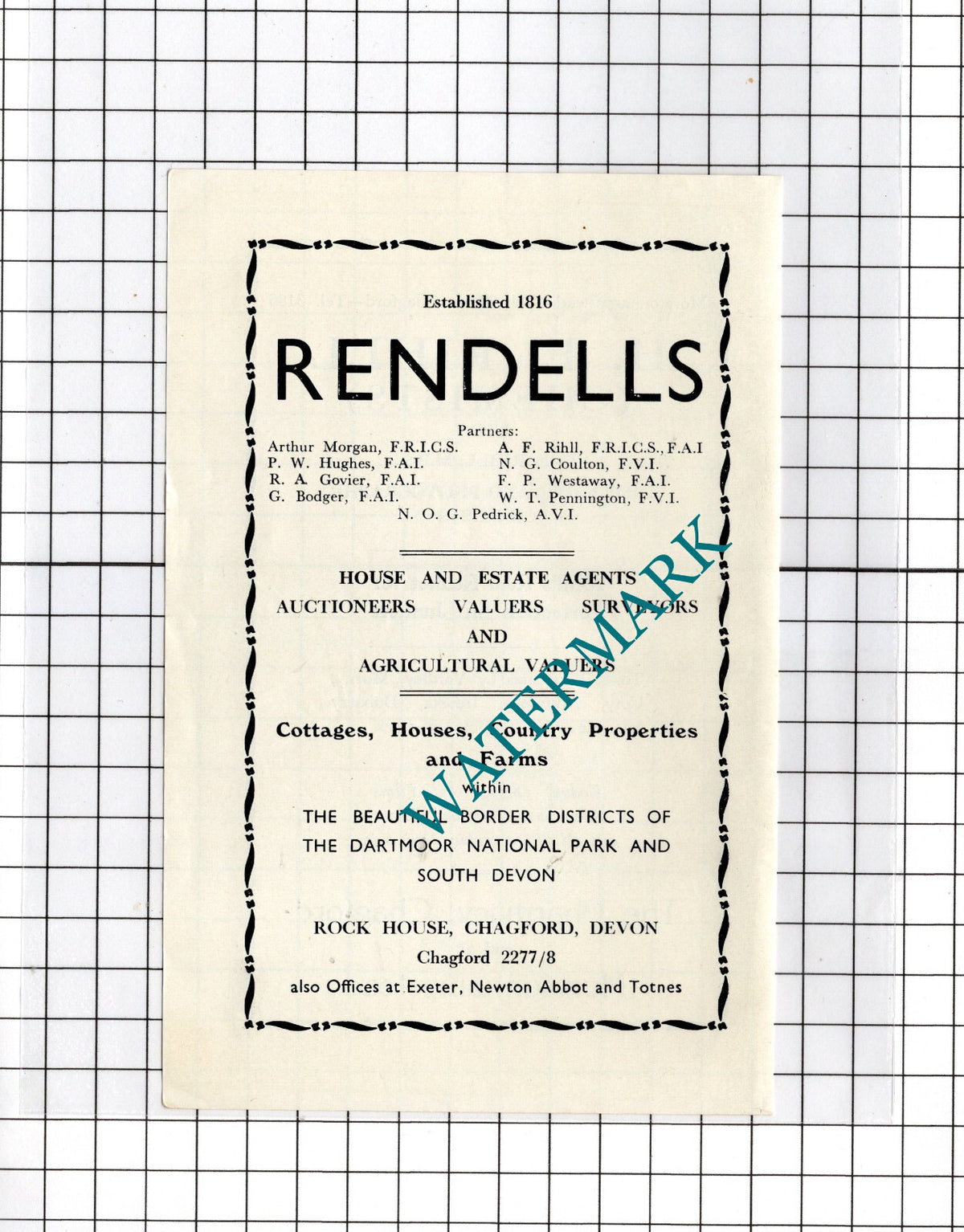 H E Rihll Chemists Ltd Chagford Devon / Rendells Estate Agents -c.1940s Advert