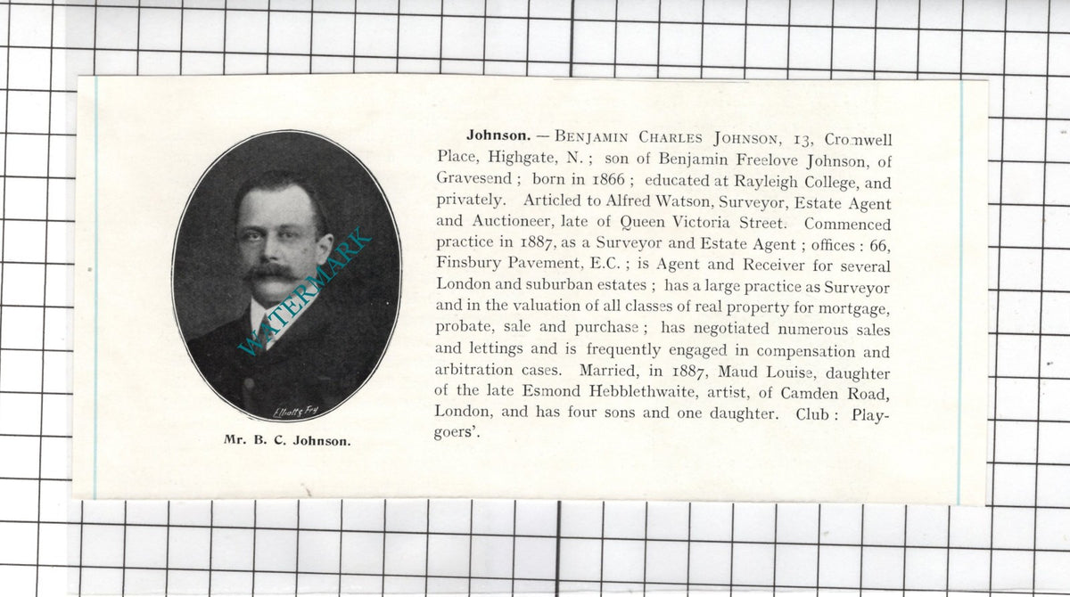 Mr Benjamin Charles Johnson 13 Cromwell Place Highgate London - c.1905 Clipping