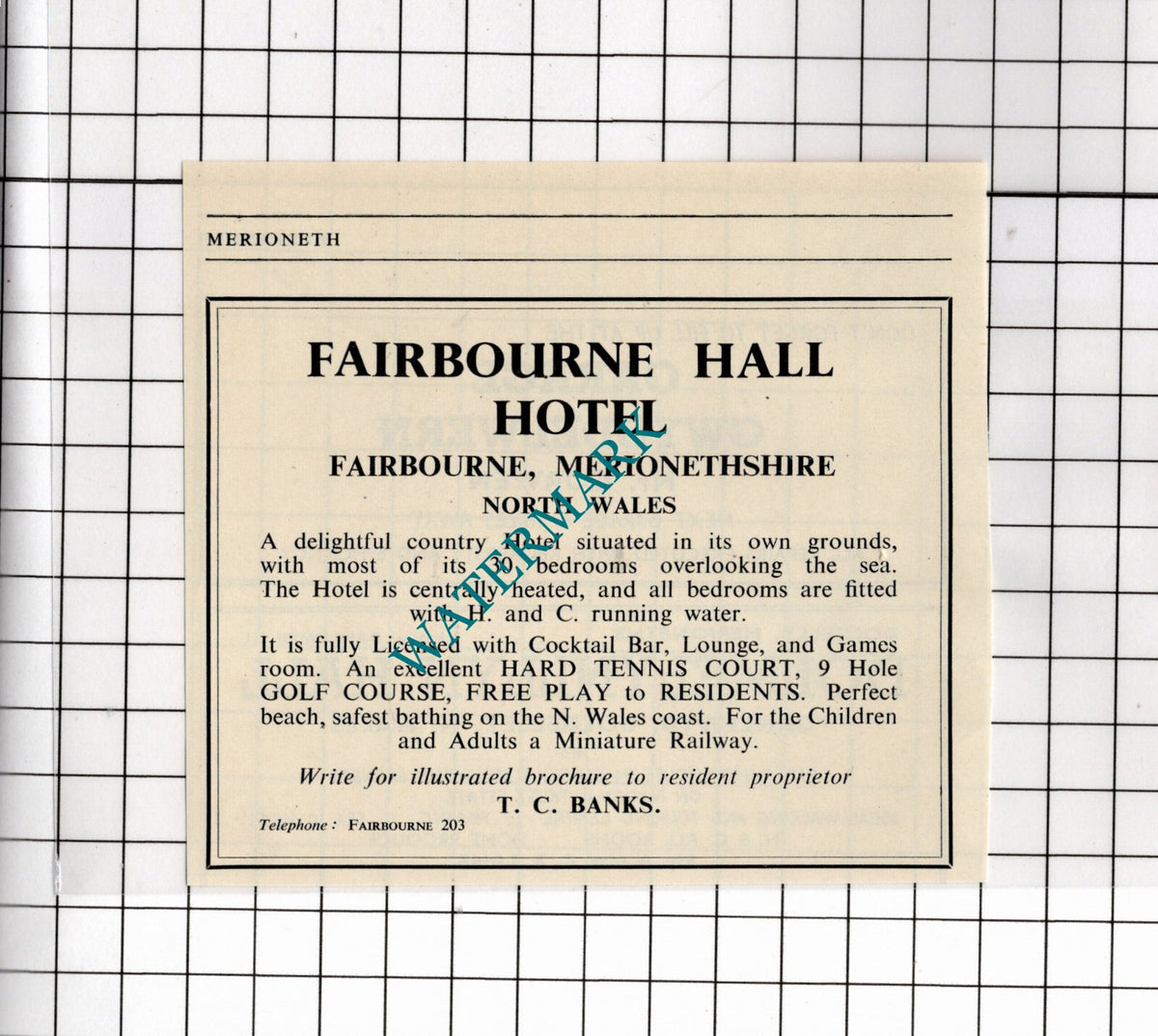 Fairbourne Hall Hotel Fairbourne Wales Small Advert - 1953 Clipping