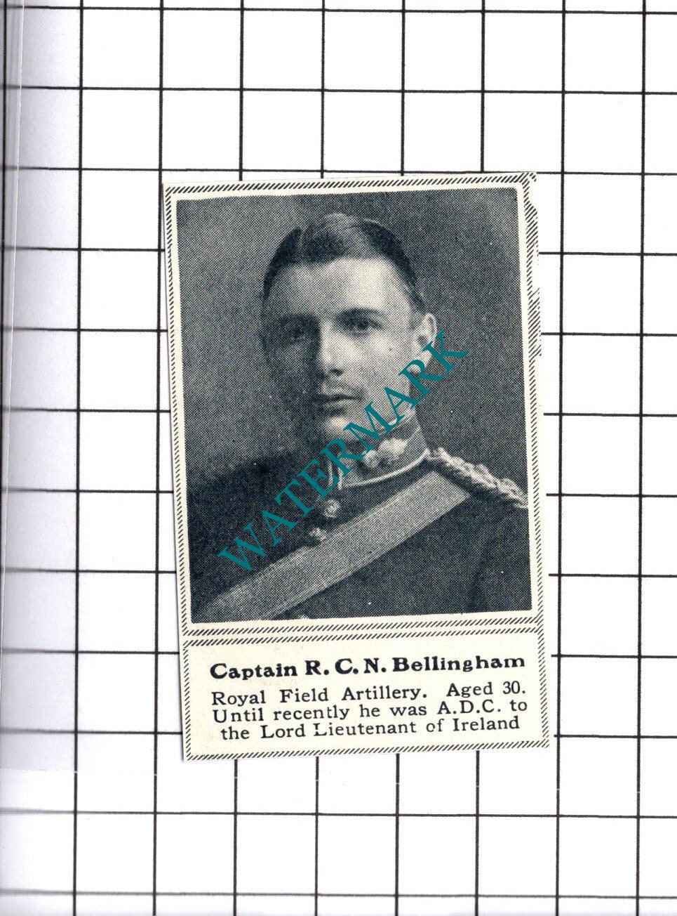 Captain RCN Bellingham Royal Field Artillery WW1 - 1915 SMALL Cutting