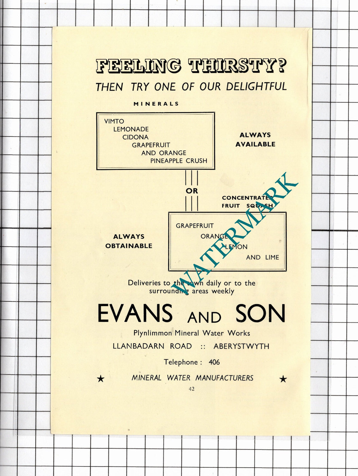 Evans & Son Plynlimmon Mineral Water Works Aberystwyth Wales - 1957 Advert
