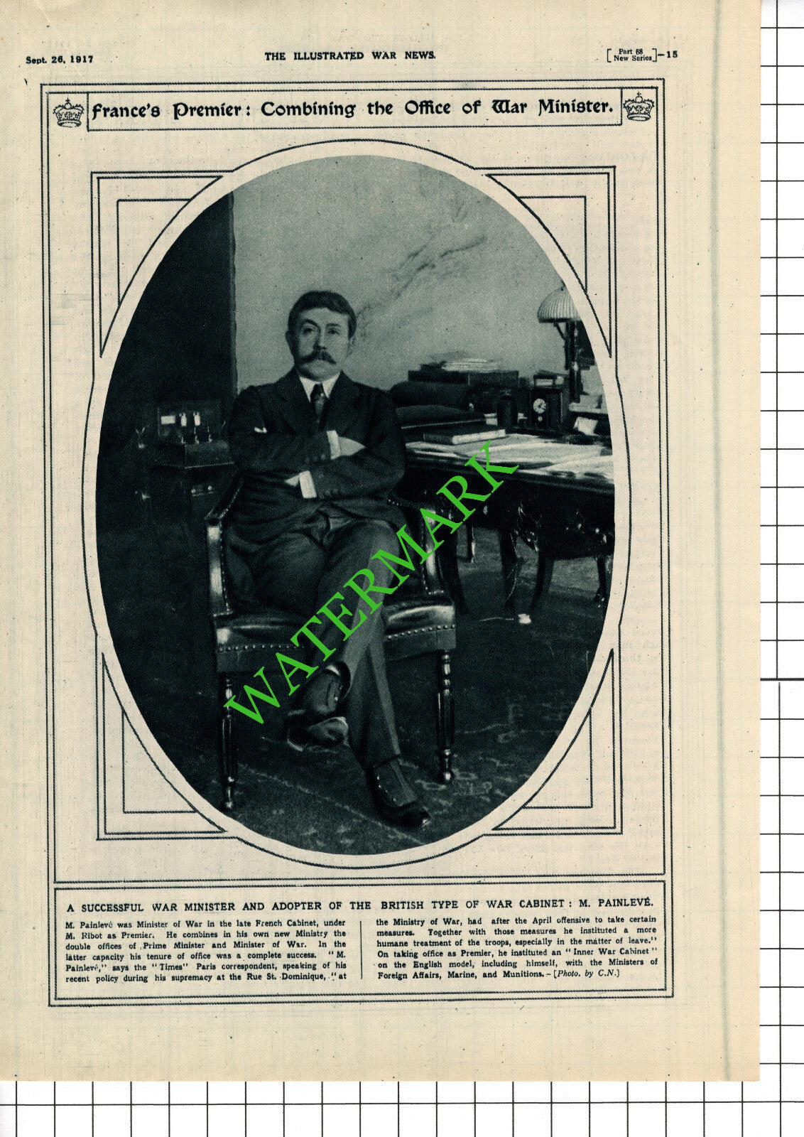 M Painleve Minister of War Great War WW1 - 1917 Cutting