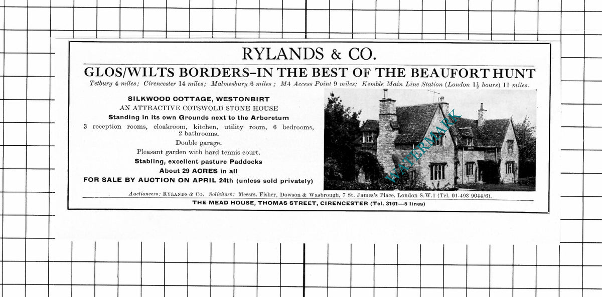 Silkwood Cottage Westonbirt House Sale Advert - 1969 Clipping / Print