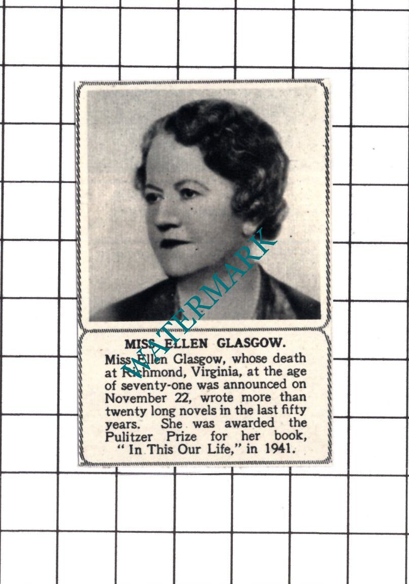 Miss Ellen Glasgow Novelist Obituary - 1945 SMALL Cutting