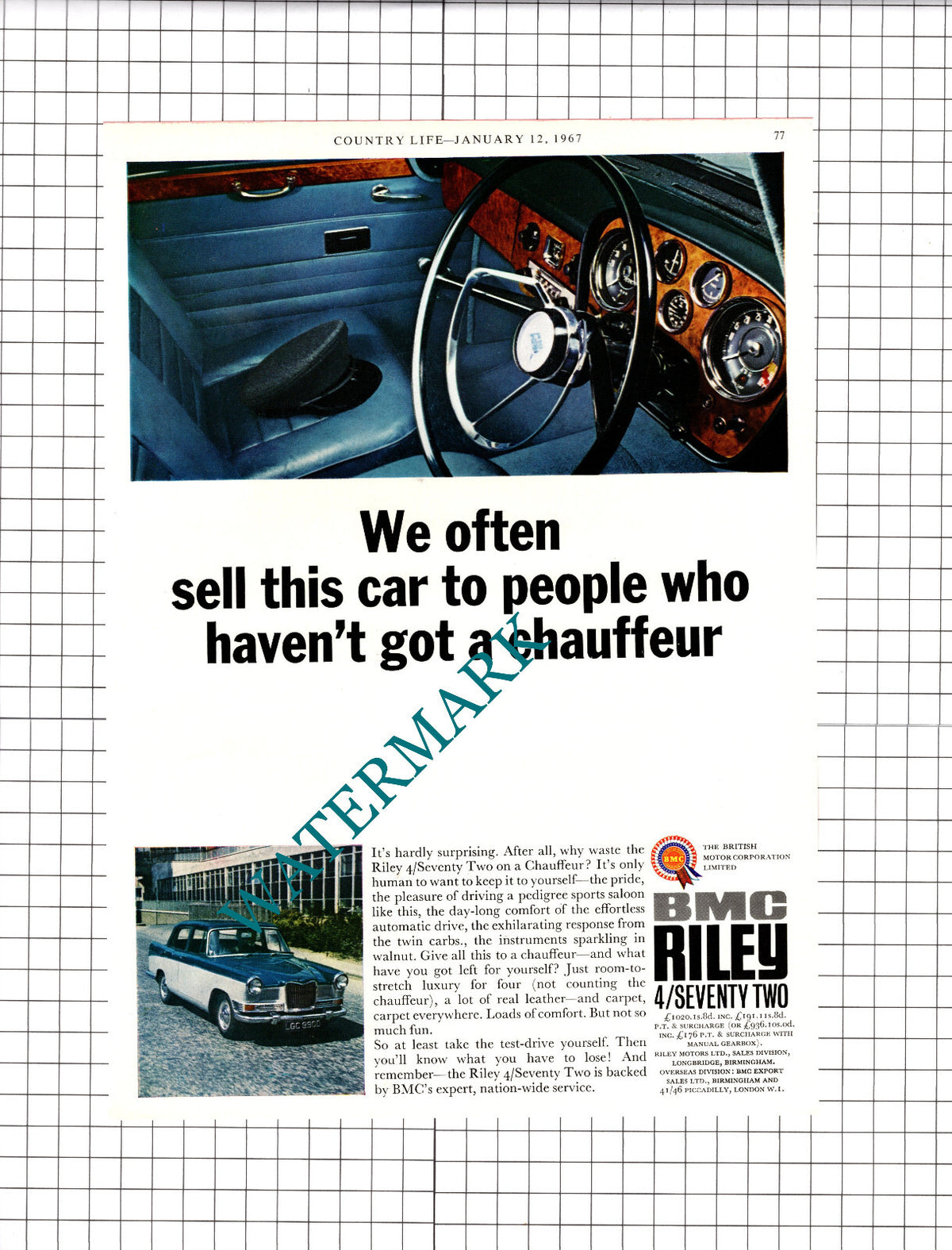 Riley 4/Seventy Two Car Advert - 1967 Clipping / Print