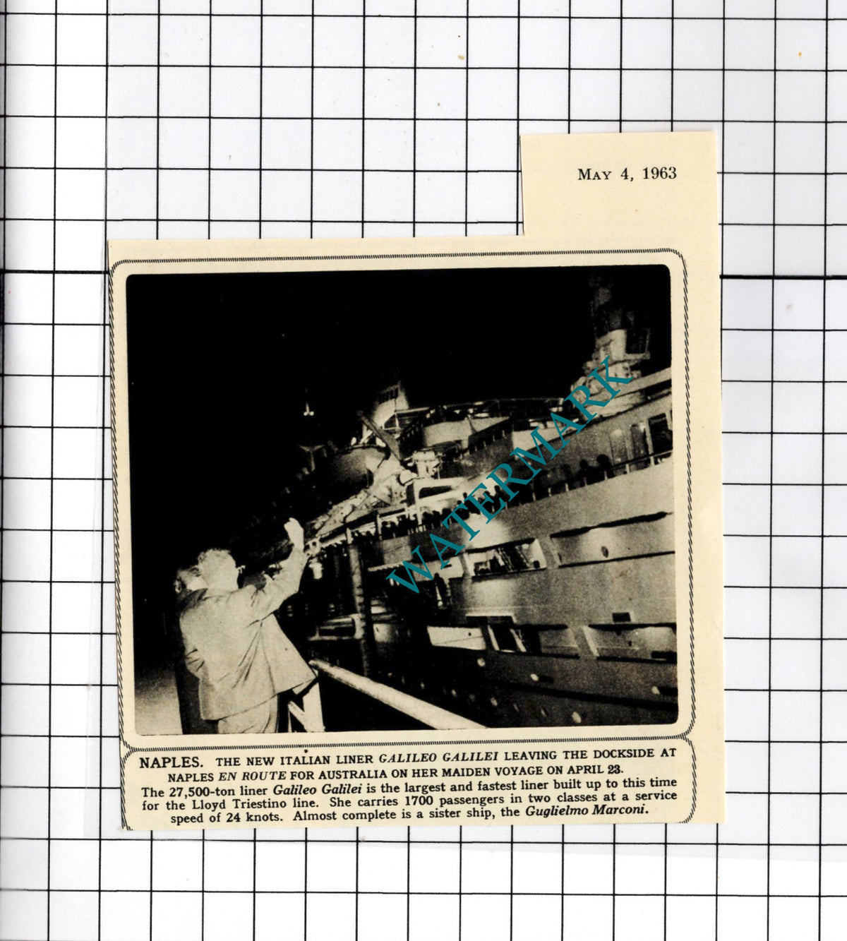 Italian Ship GALILEO GALILEI Maiden Voyage Naples - 1963 Small Cutting