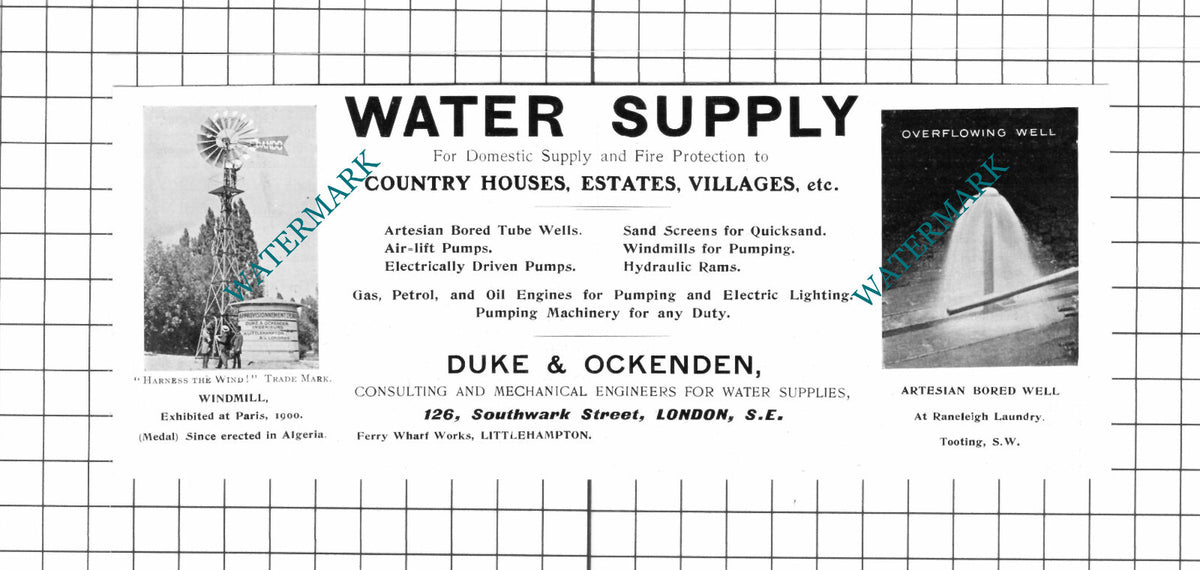 Duke & Ockenden London Water Engineers Advert - 1903 Clipping