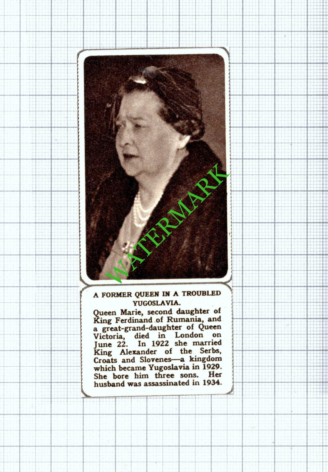 Queen Marie King Ferdinand Of Rumania Obituary - 1961 Small Cutting