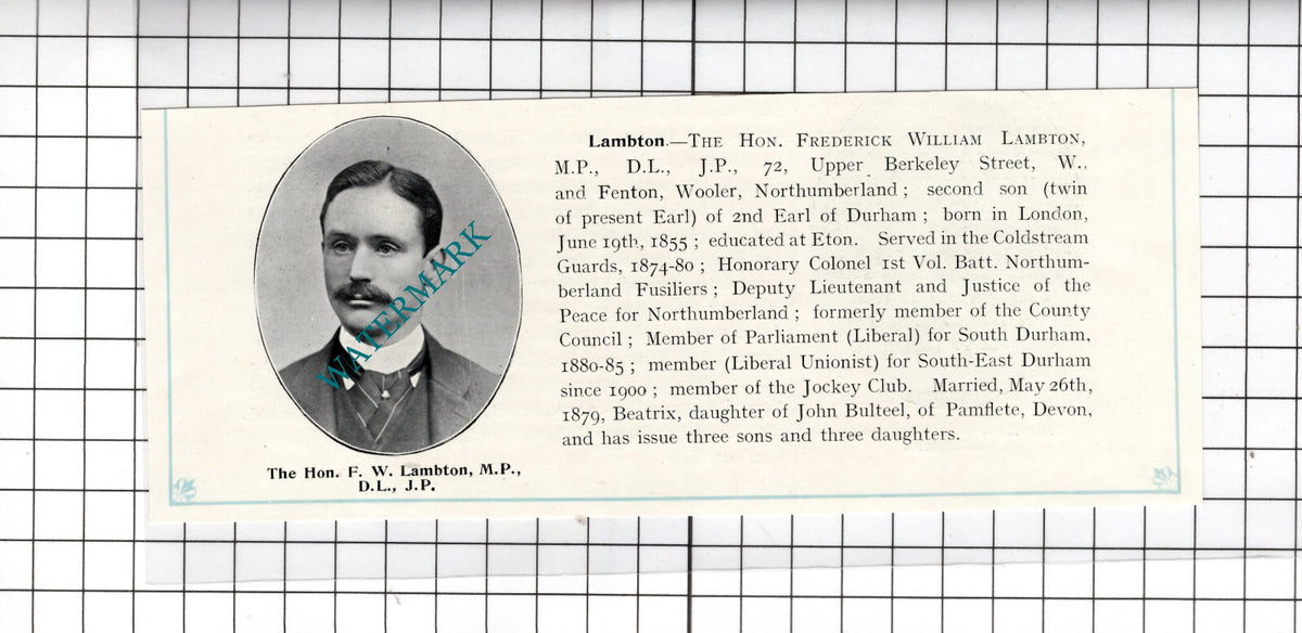 The Hon Frederick William Lambton London Fenton Wooler - c.1905 Cutting