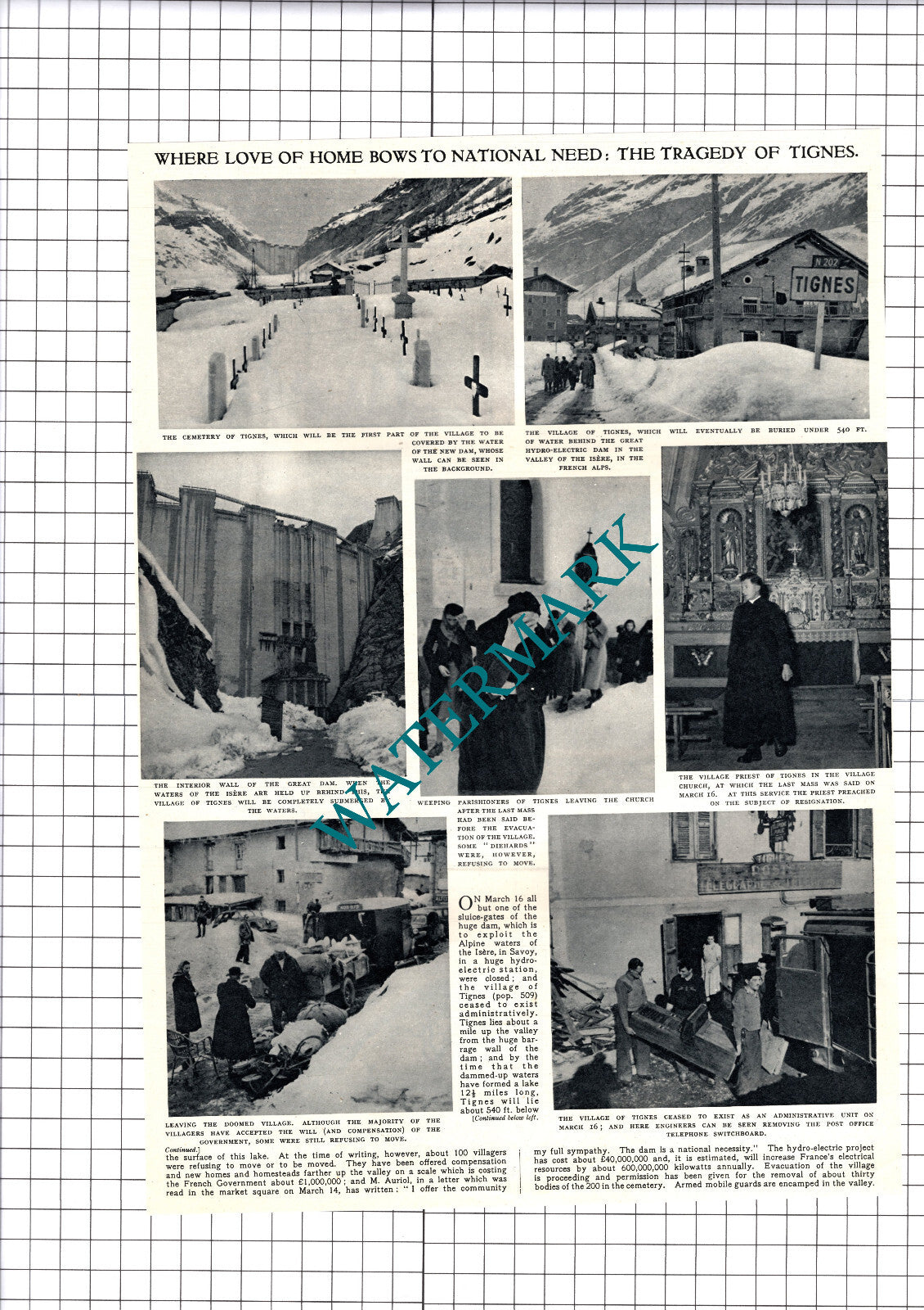 Tignes France Flooded Hydro Electric Dam - 1952 Cutting / Print