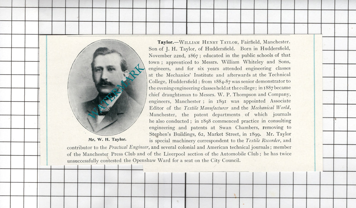 William Henry Taylor Fairfield Manchester Huddersfield - c.1900 Cutting