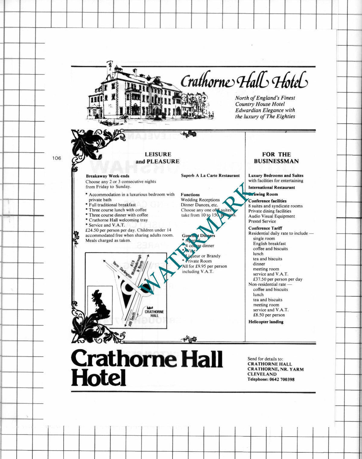 Crathorne Hall Hotel Yarm Cleveland Advert - c.1980 Cutting / Print