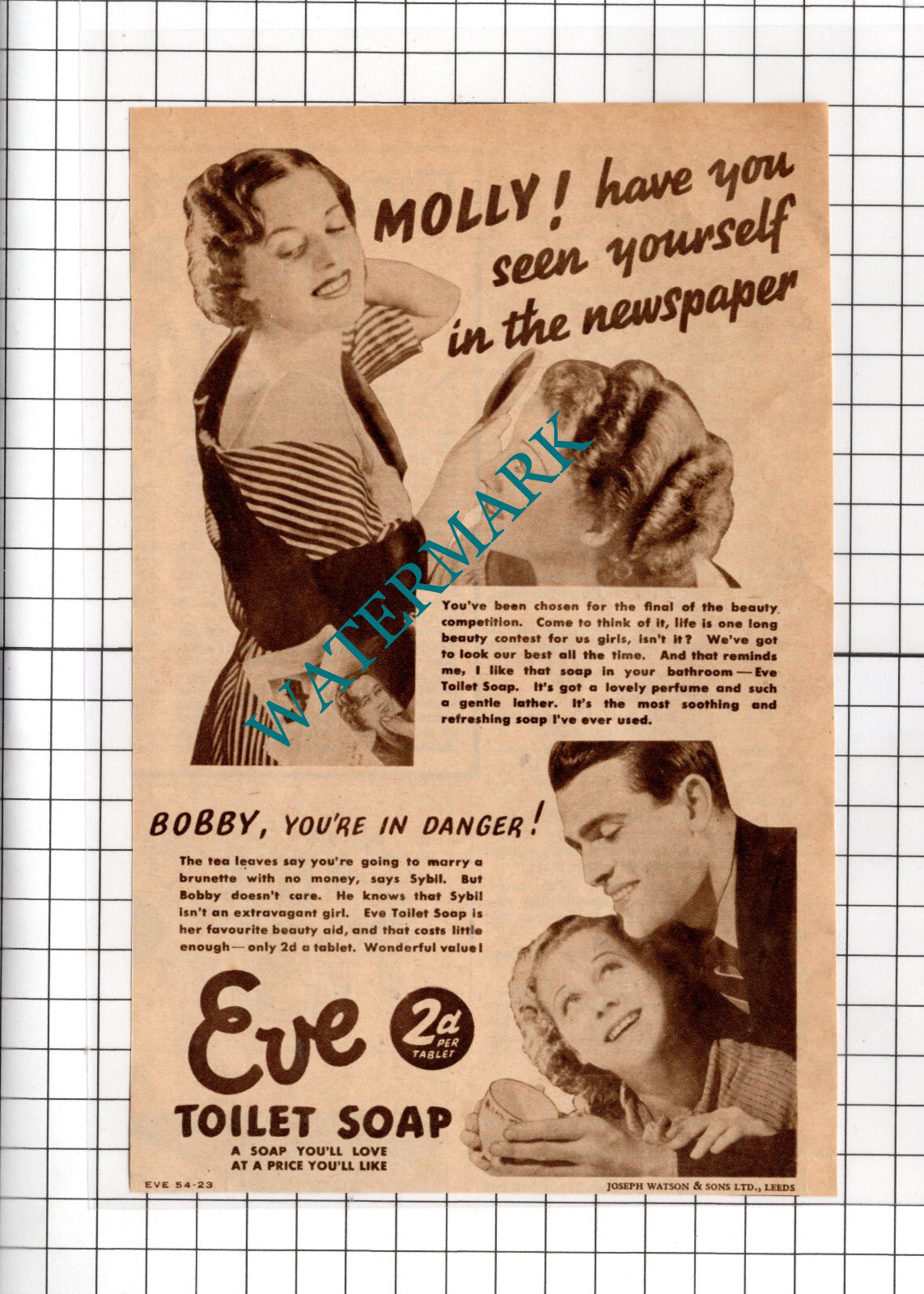 Eve Toilet Soap Advert - 1936 Cutting