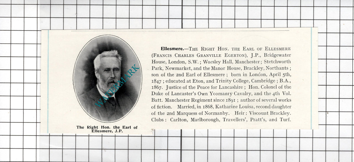 The Right Hon The Earl Of Ellesmere Francis Charles Egerton - c.1905 Cutting