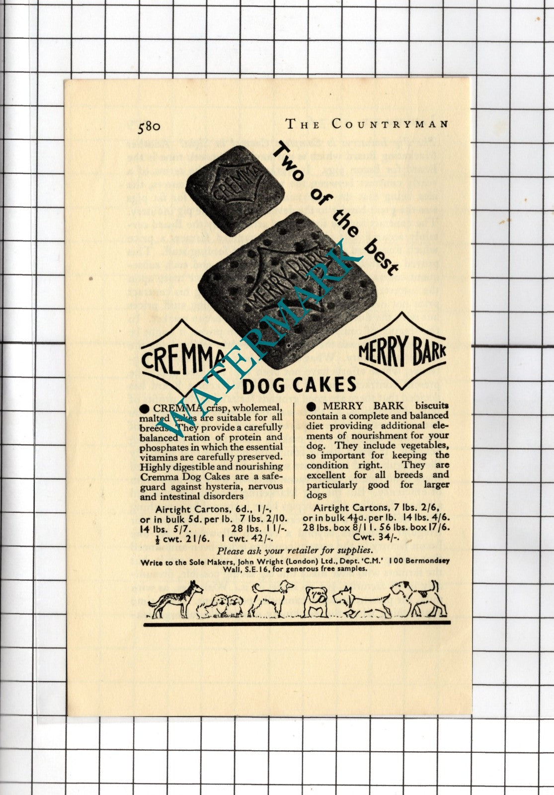 Cremma Dog Cakes John Wright London Ltd - 1936 Small Advert