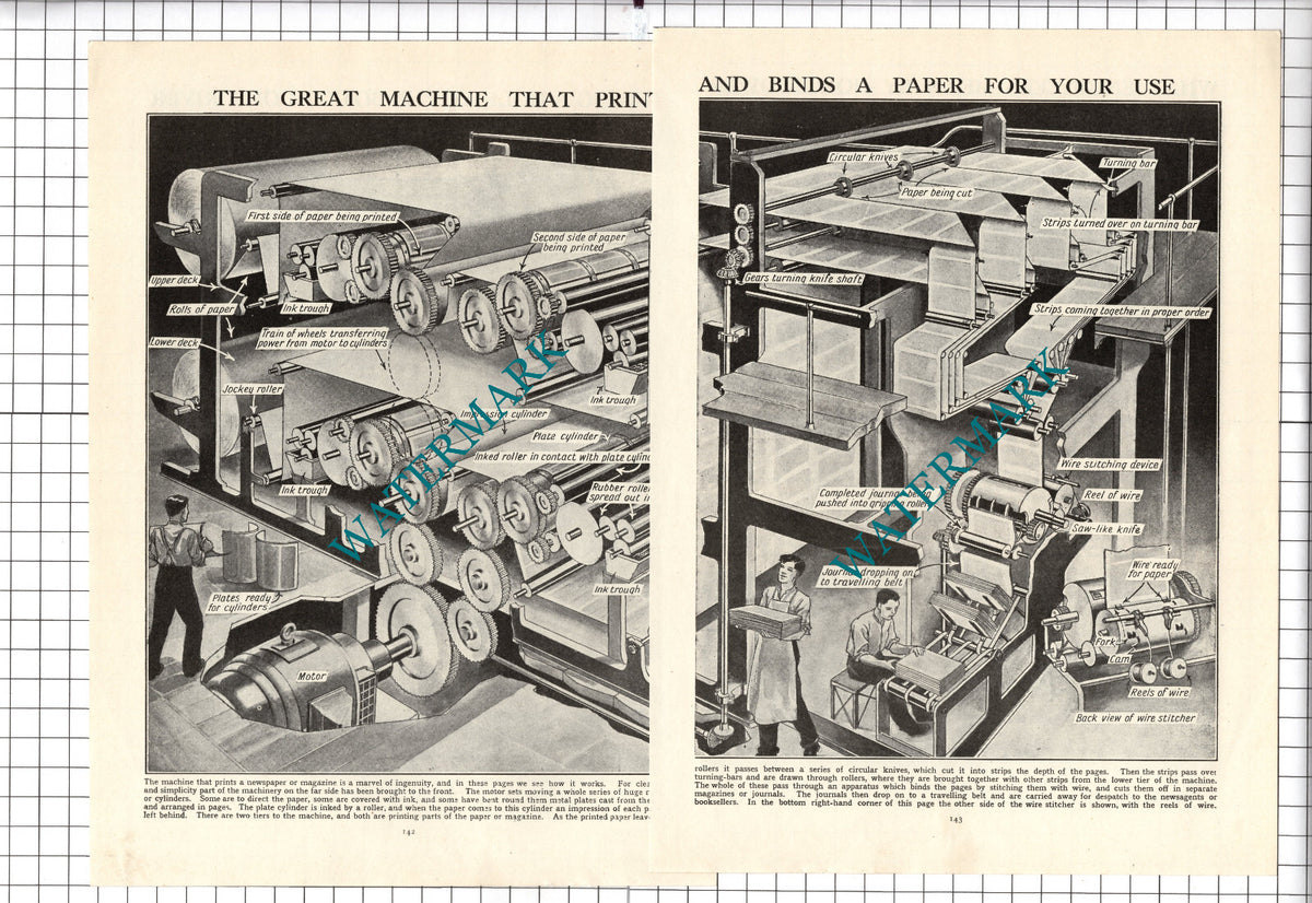 Newspaper Printer Machine Diagram - c.1940's TWO-PART Cutting / Print