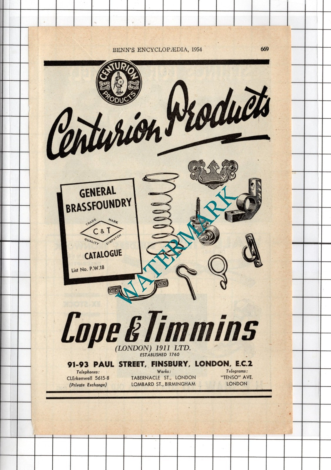 Cope & Timmins London 1911 Ltd Finsbury London Centurion Products - 1954 Advert