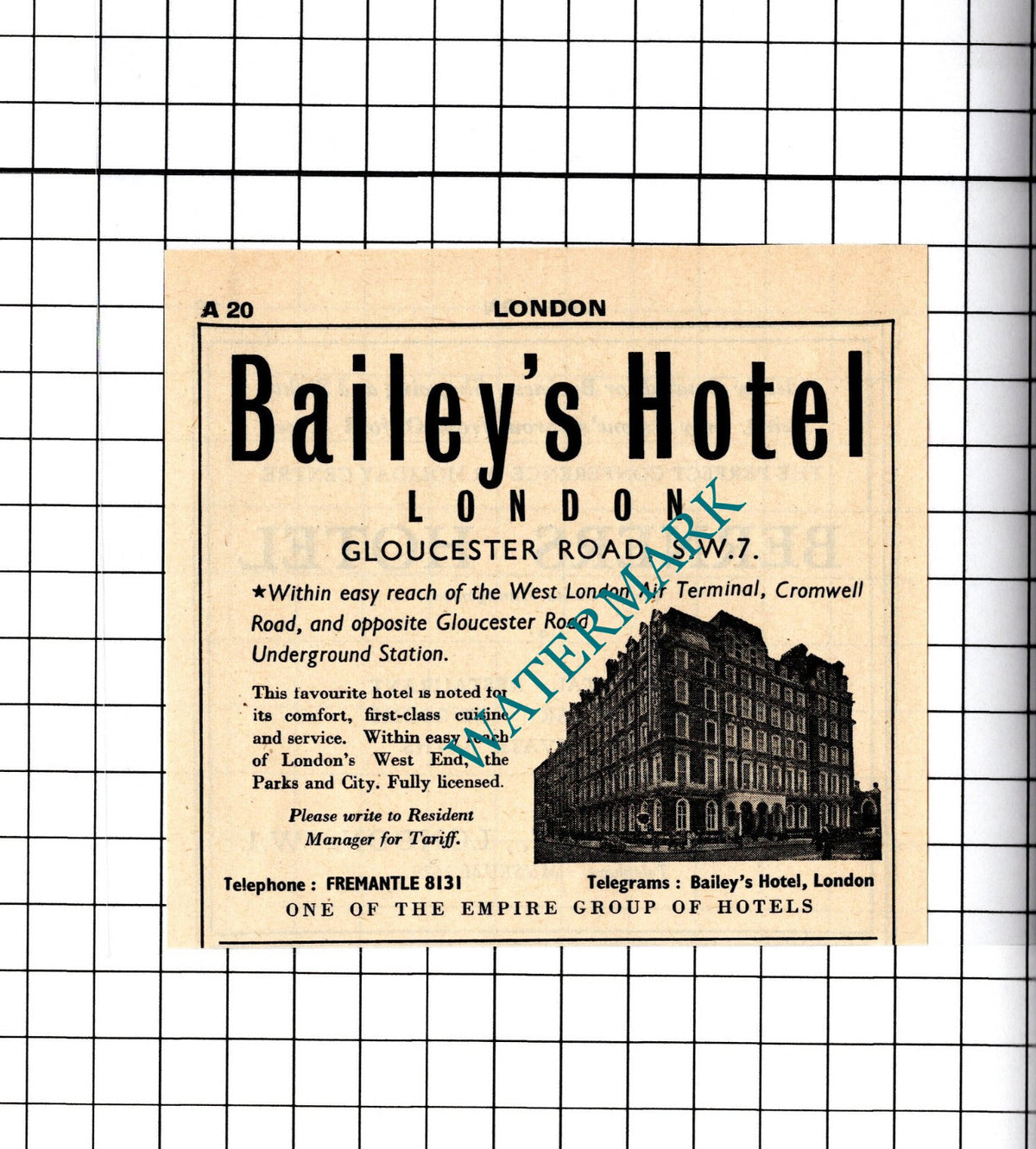 Bailey's Hotel Gloucester Road London Small Advert - 1958 Cutting / Print