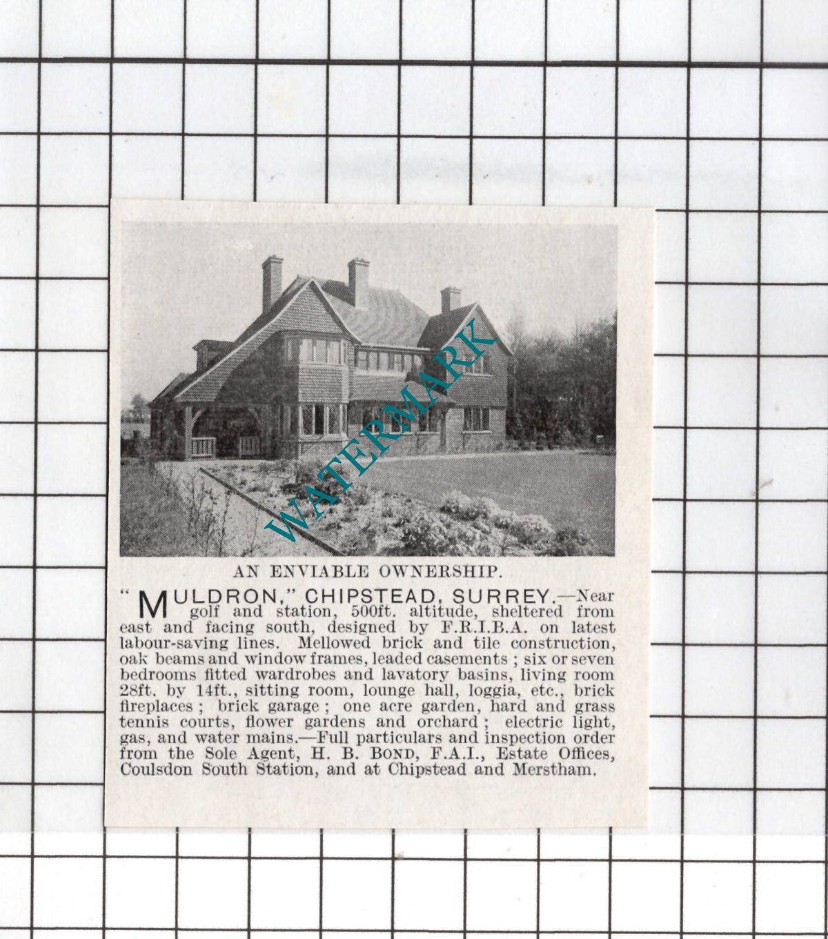 Muldron Chipstead Surrey - 1927 Small House Sale Advert