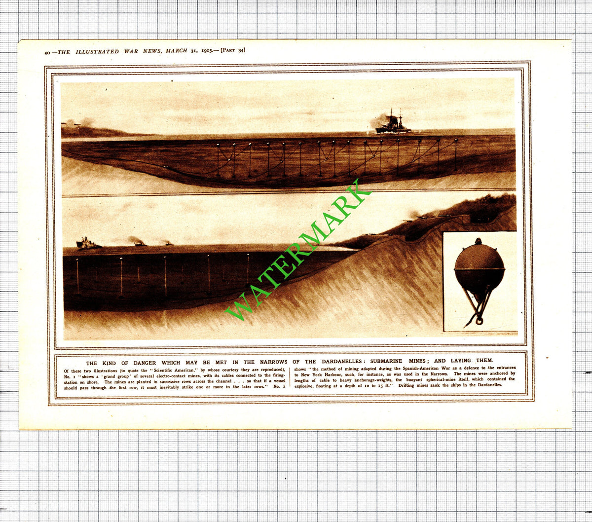 Neuve Chapelle WW1 / Submarine Mines Dardanelles Great War - 1915 Cutting