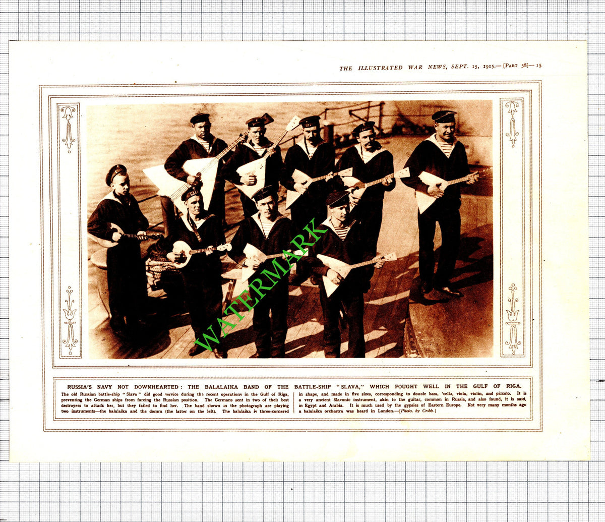 SLAVA Russian Battle Ship Balalaika Band World War One - 1915 Cutting / Print