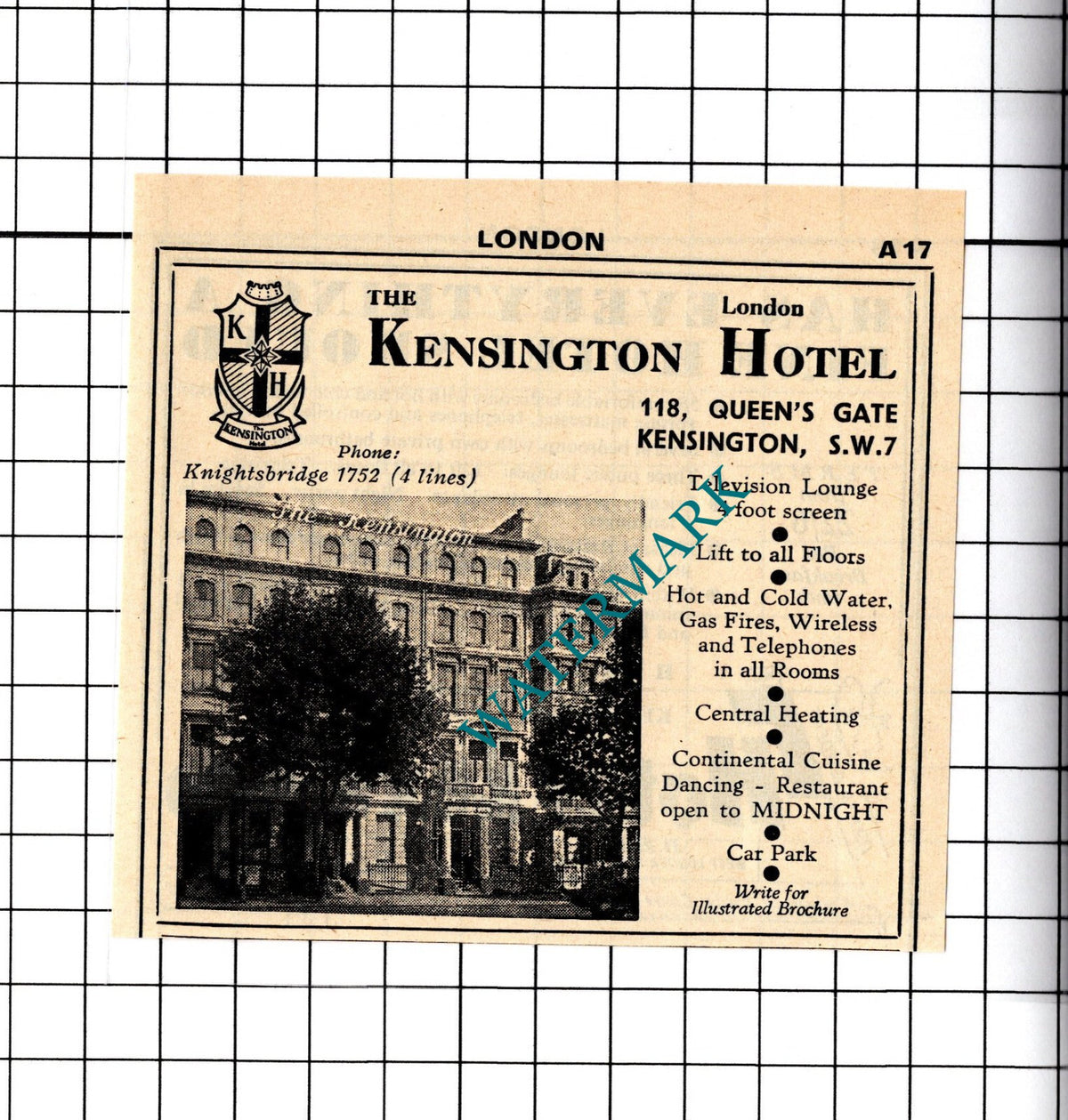 The Kensington Hotel London Small Advert - 1958 Cutting / Print