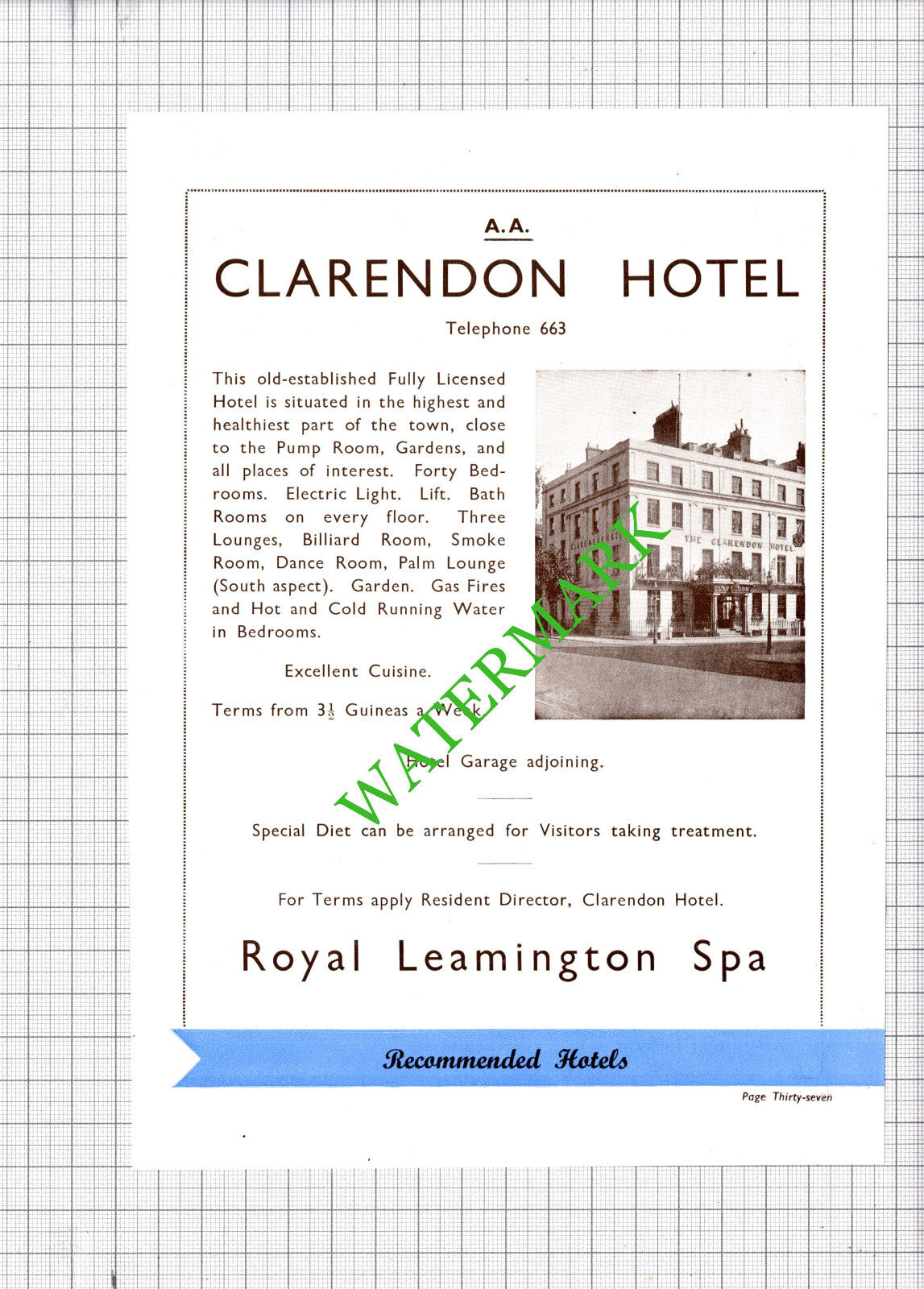 Manor House Hotel Leamington Spa Hornsby / Clarendon Hotel Advert -1930s Cutting