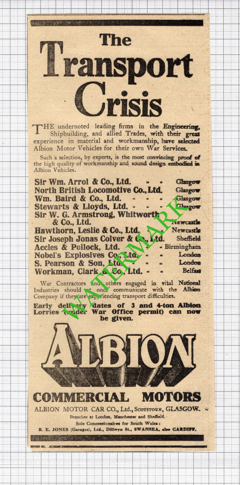 Albion Motor Car Company Scotstoun Glasgow Advert WW1 - 1916 News Cutting