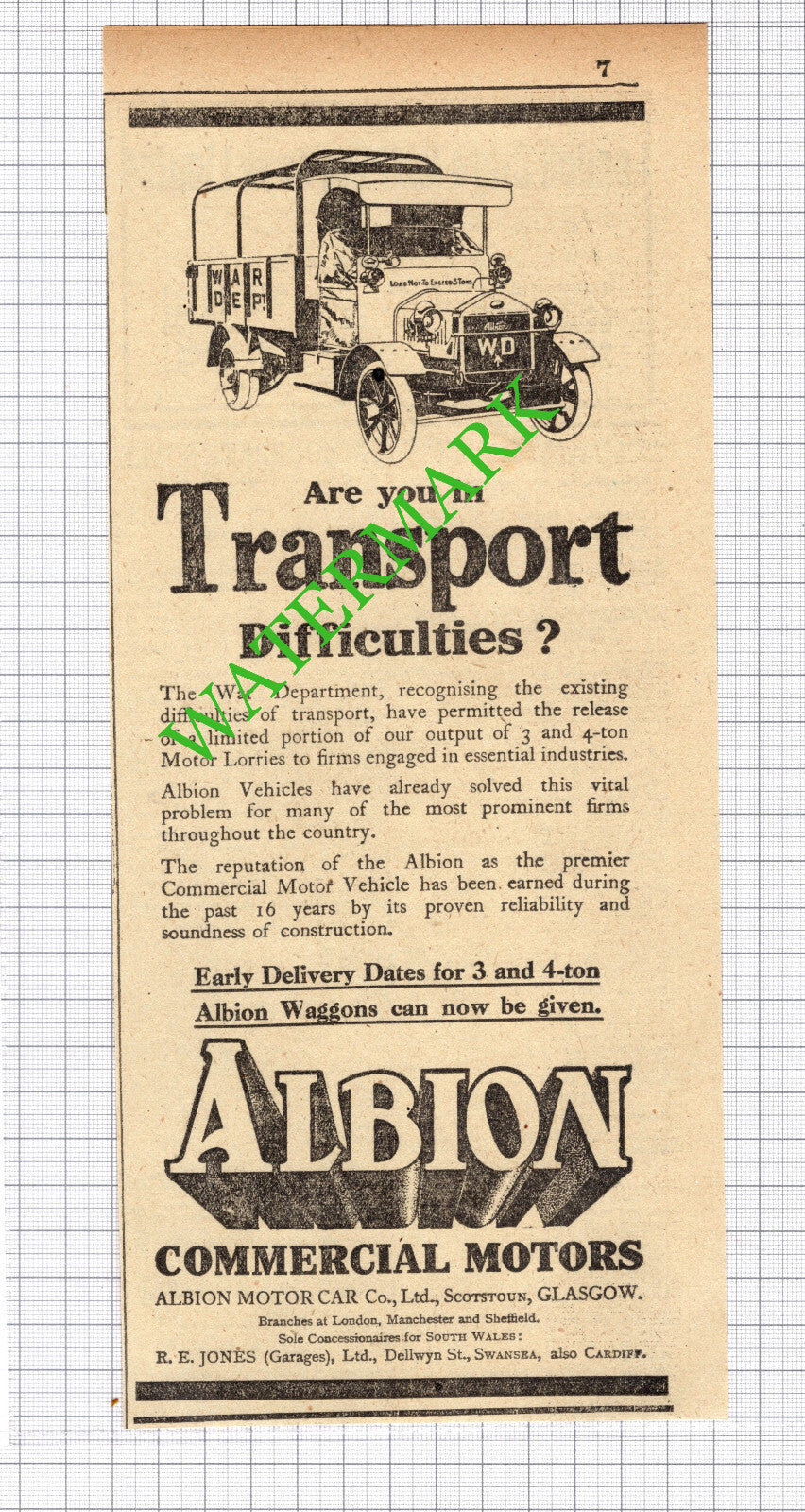 Albion Motor Car Co Great War Advert - 1916 News Cutting