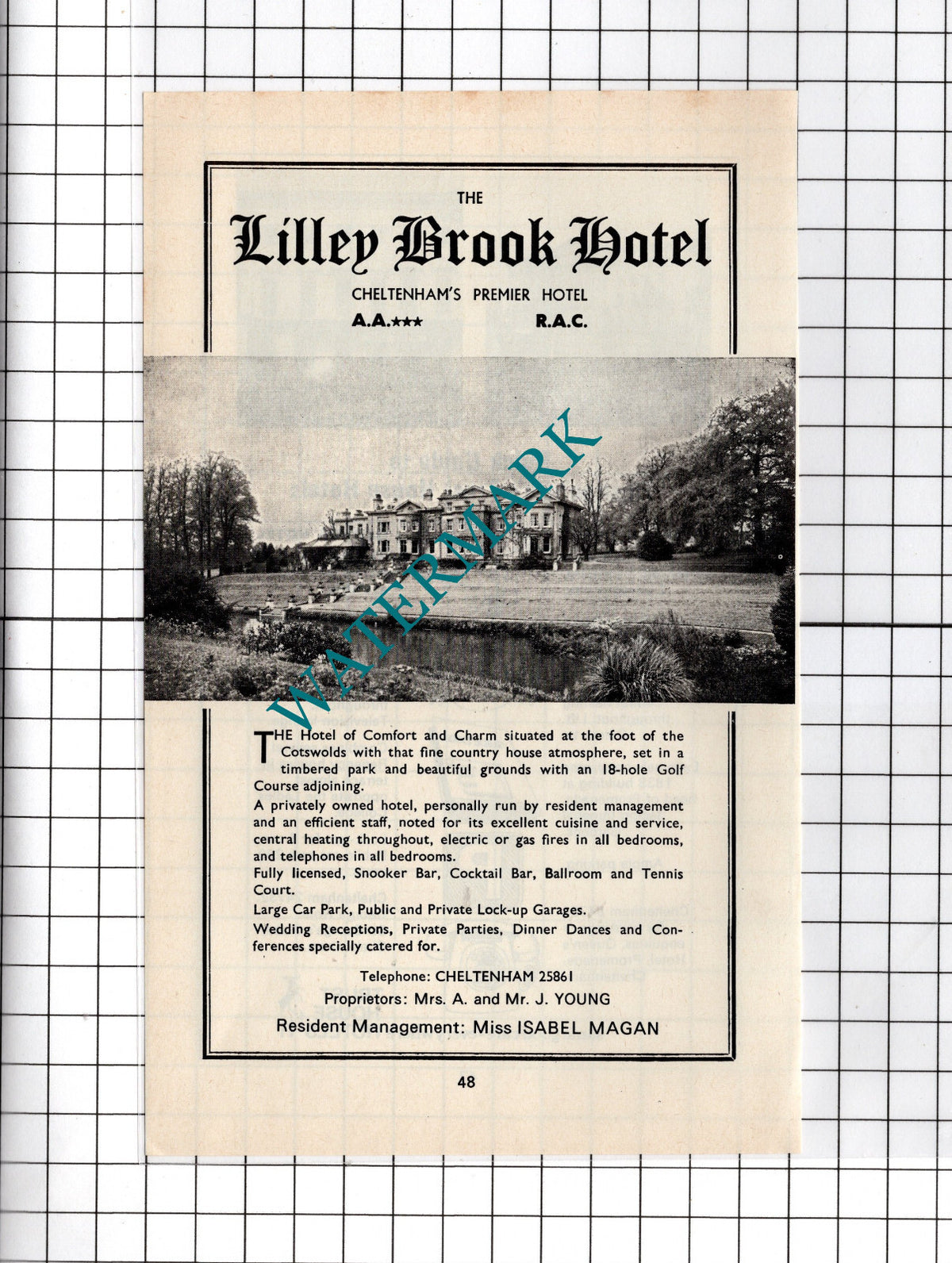 The Lilley Brook Hotel Cheltenham Gloucestershire Isabel Magan - c.1970's Advert