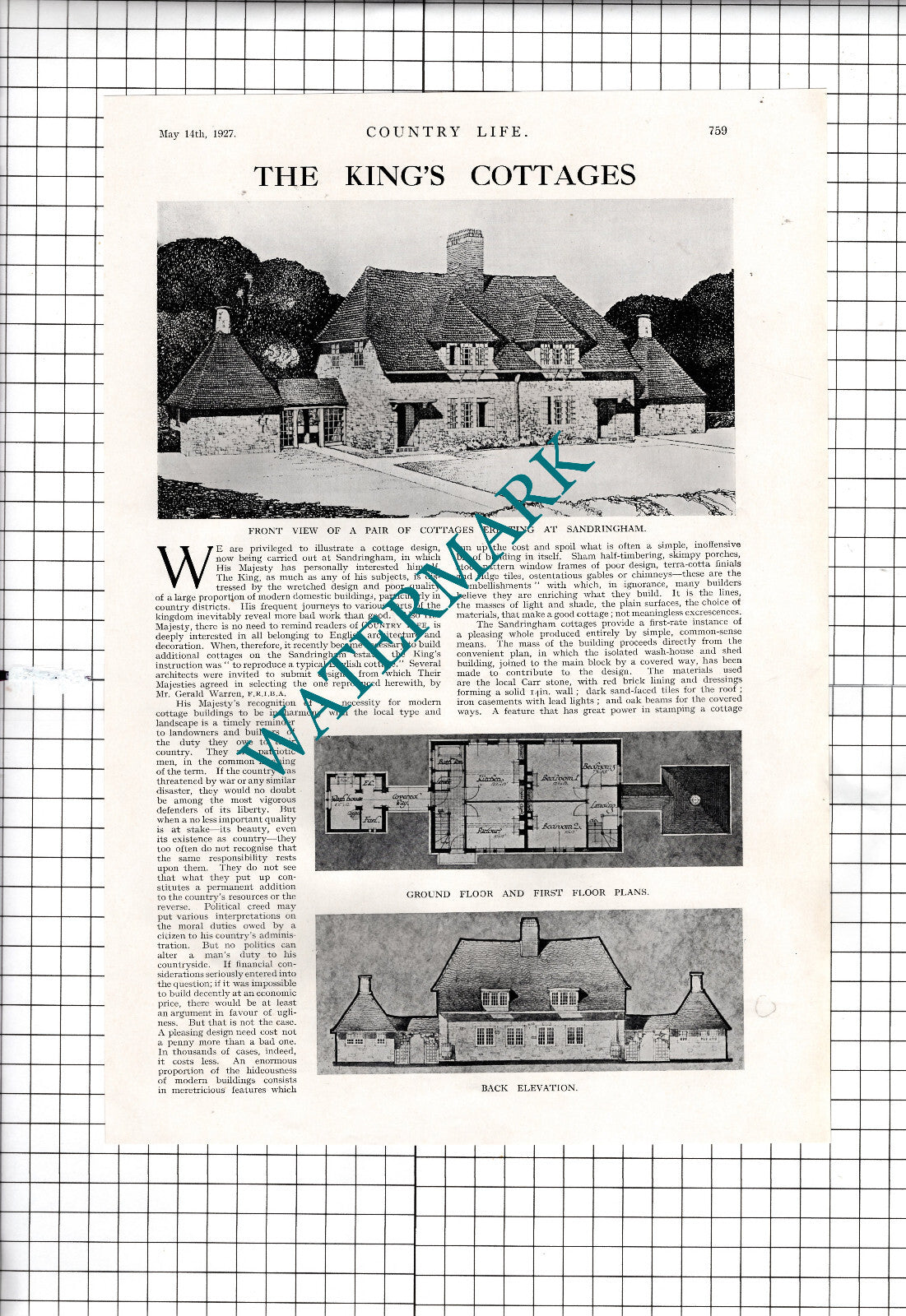 Sandringham Cottages Mr Gerald Warren Architect - 1927 Article
