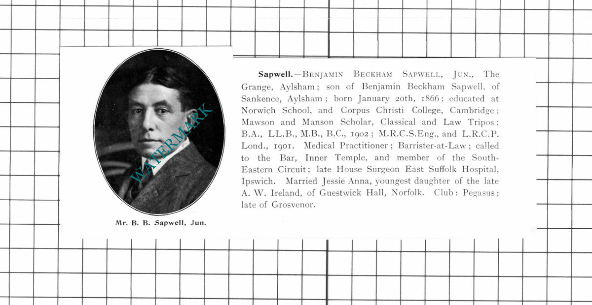 Benjamin Beckham Sapwell The Grange Aylsham- 1911 Clipping