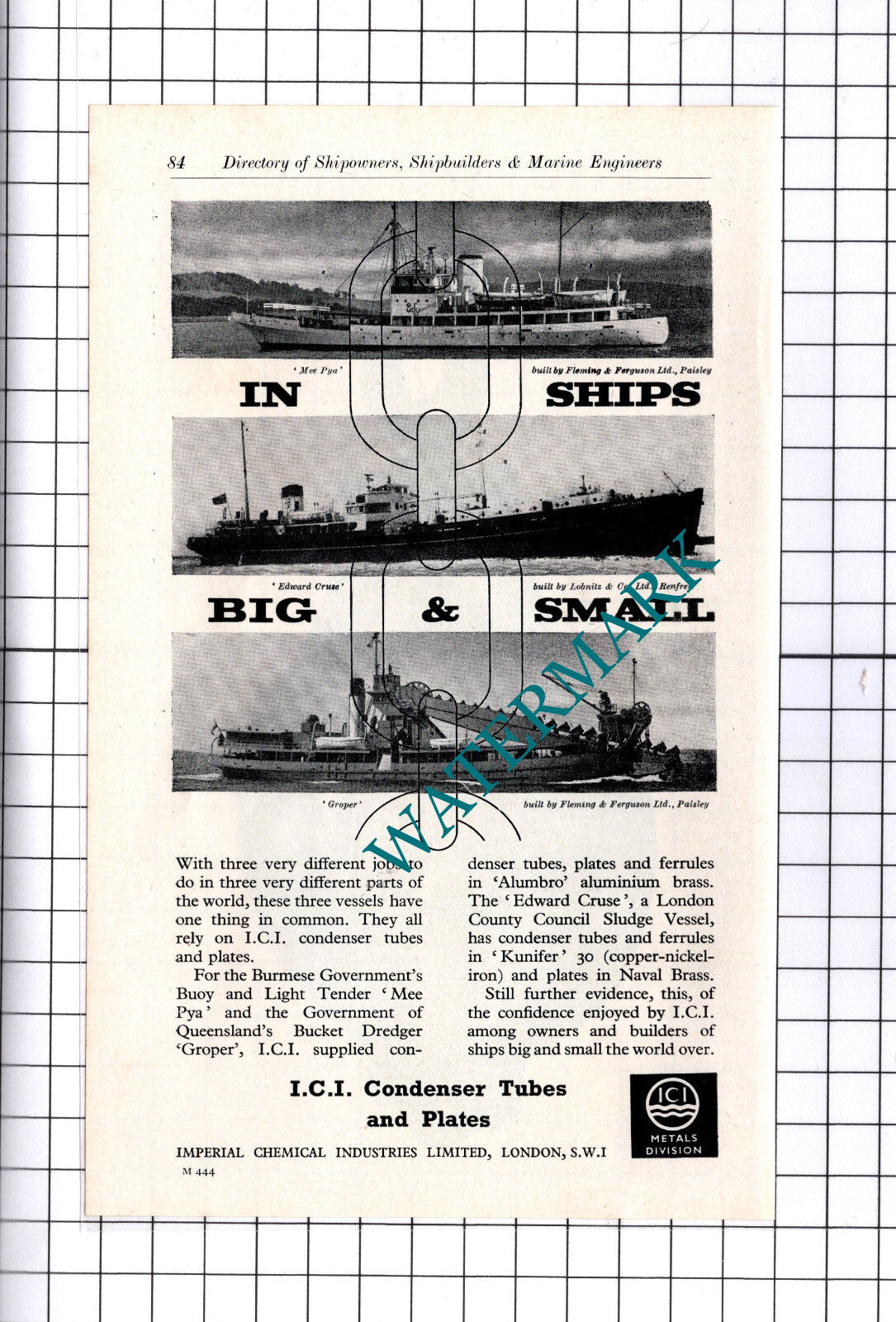 MEE PYA GROPER EDWARD CRUSE Ship ICI Advert - c.1957 Clipping / Print
