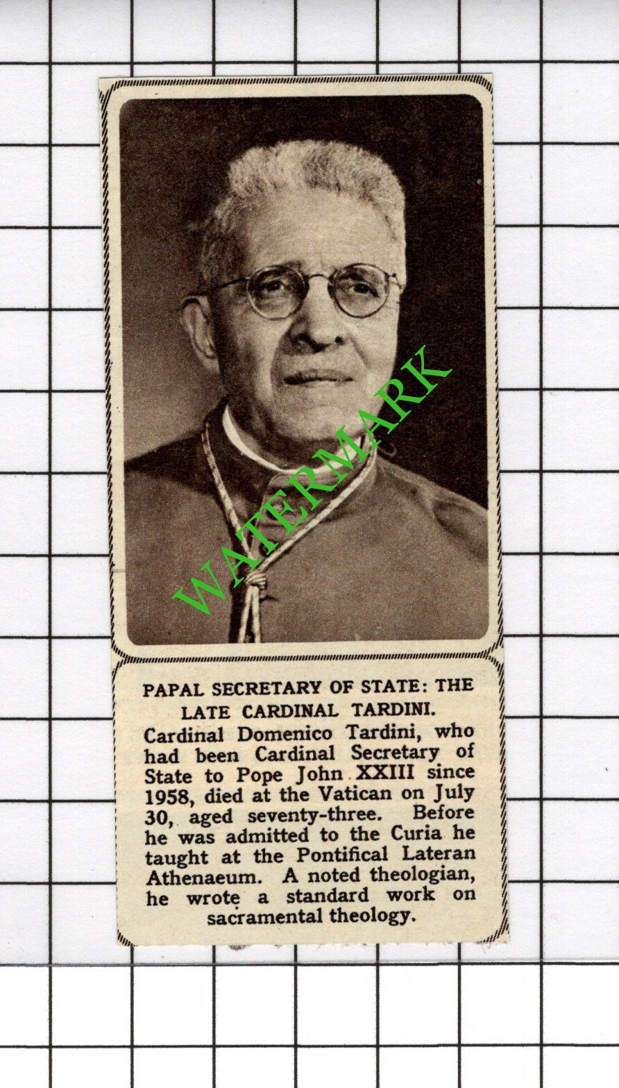 Cardinal Domenico Tardini Obituary - 1961 SMALL Cutting