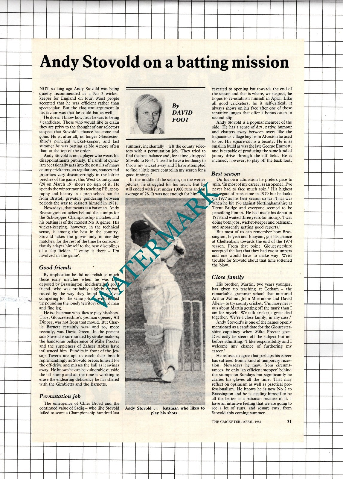 Andy Stovold Cricketer Cricket - 1981 Article