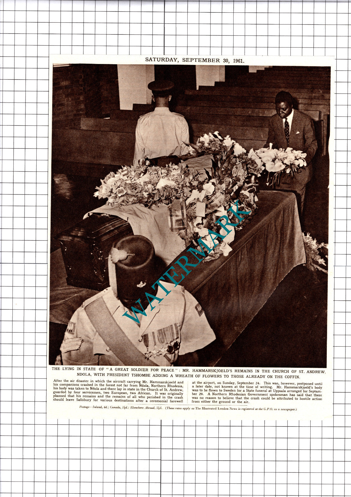 Mr Hammarskjoeld Funeral President Tshombe Ndola - 1961 Cutting / Print