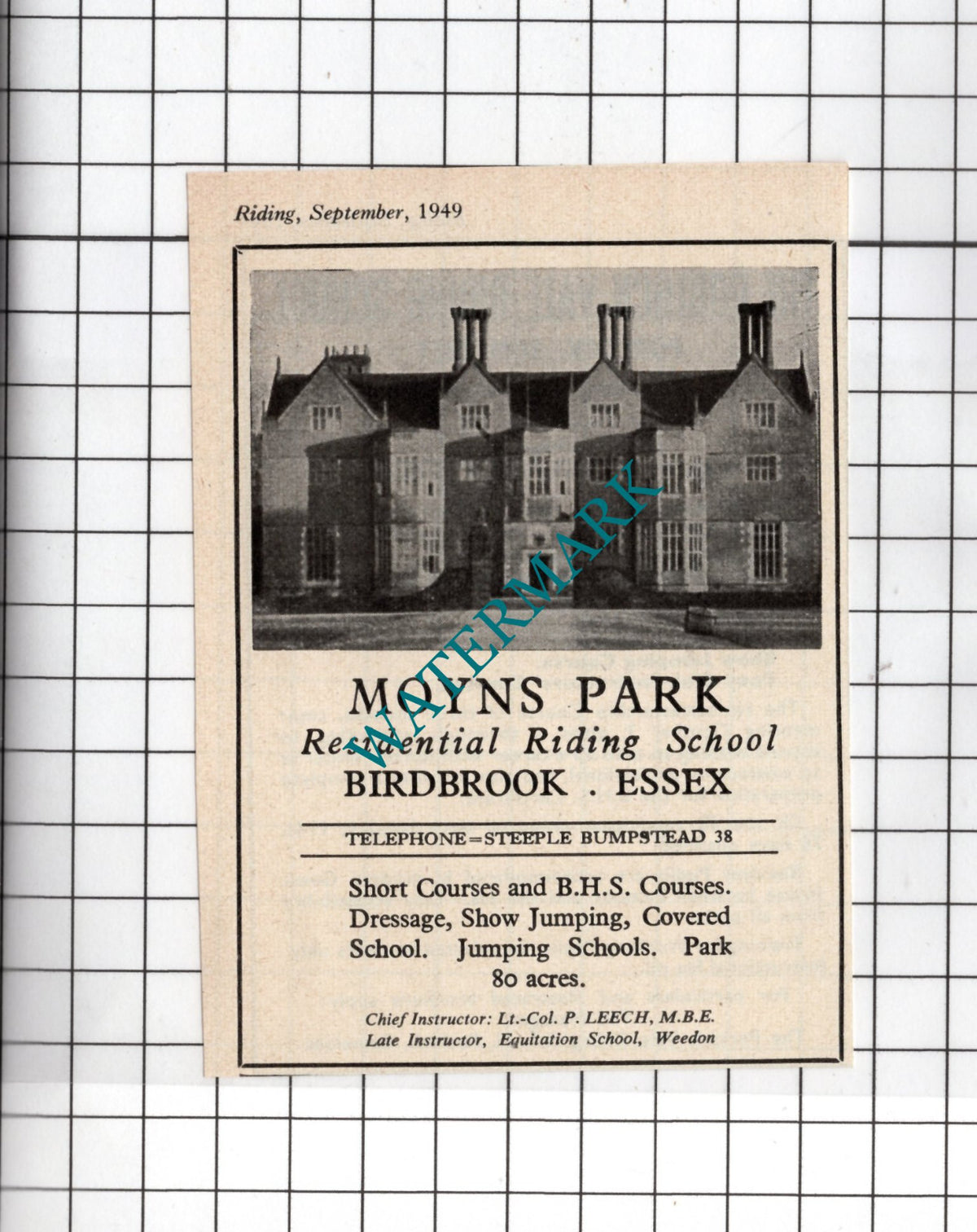 Moyns Park Riding School Birdbrook Essex Lt Col P Leech - 1949 Small Advert