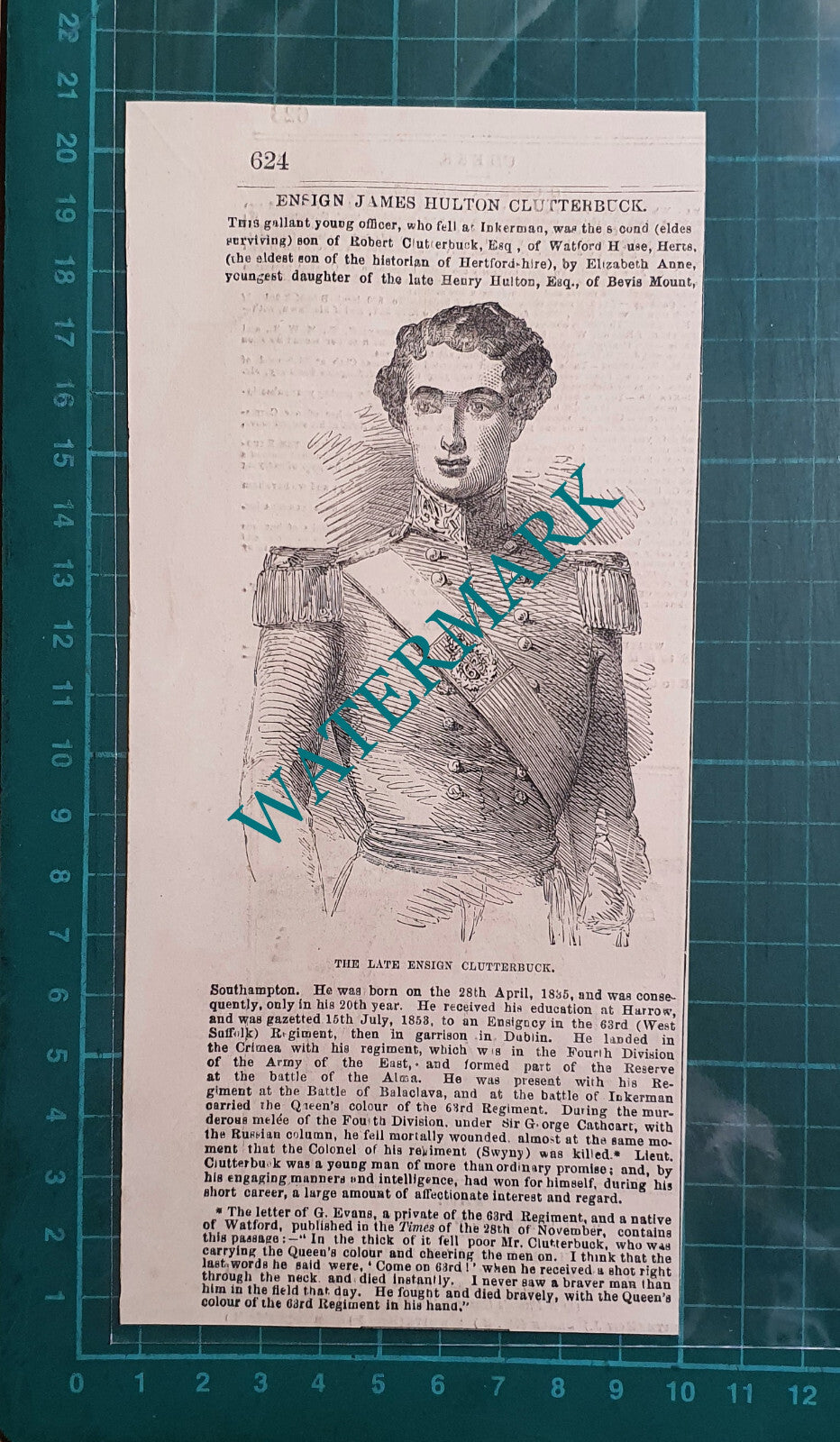 Ensign James Hulton Clutterbuck Watford House Herts Inkerman - 1854 Clipping